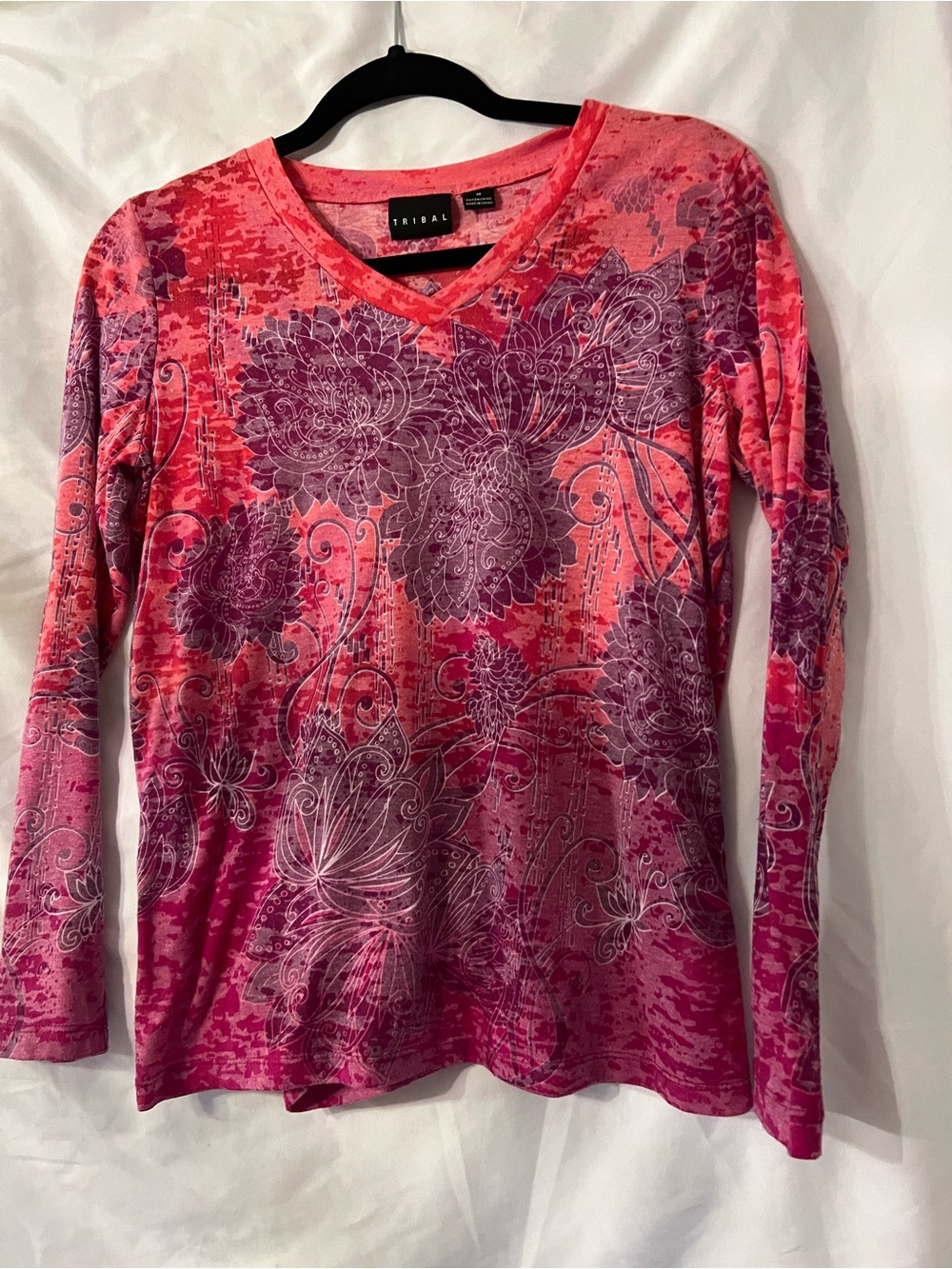 Tribal Pink and Purple Floral V-Neck Long Sleeve Top